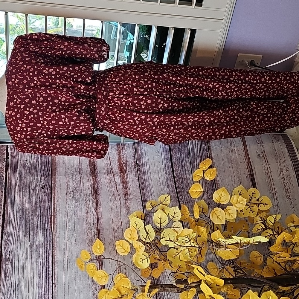 NEW WILD FABLE BURGUNDY FLORAL V NECK SHORT SLEEVE BELTED JUMPSUIT - Picture 5 of 16